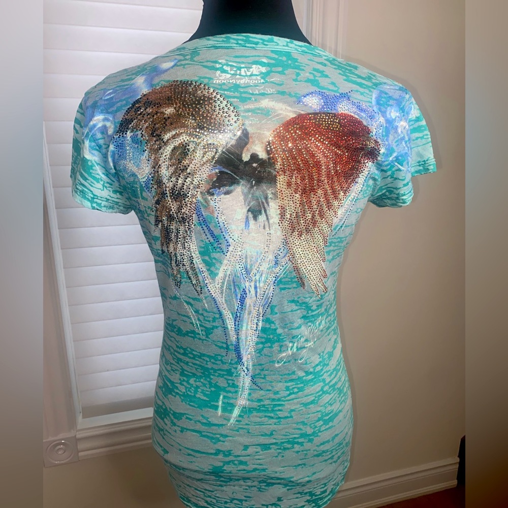 Angel Wings Crystal Embellished V Neck Shirt For Women, Aqua Blue, Large, Used